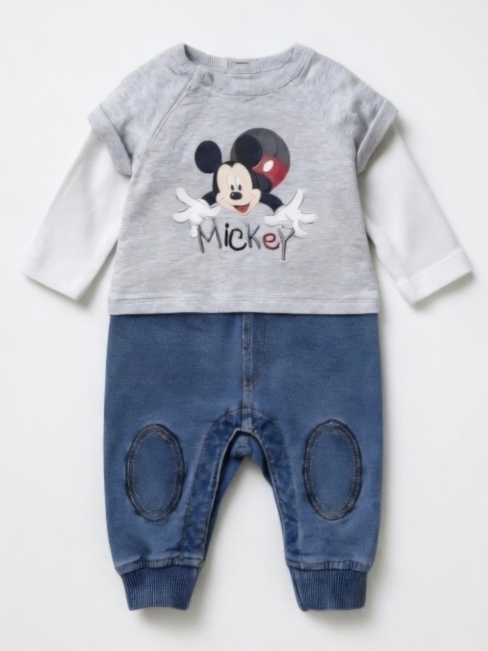 Disney Baby Mickey Mouse Soft Denim Italian Romper One Piece Grey Blue Jumpsuit